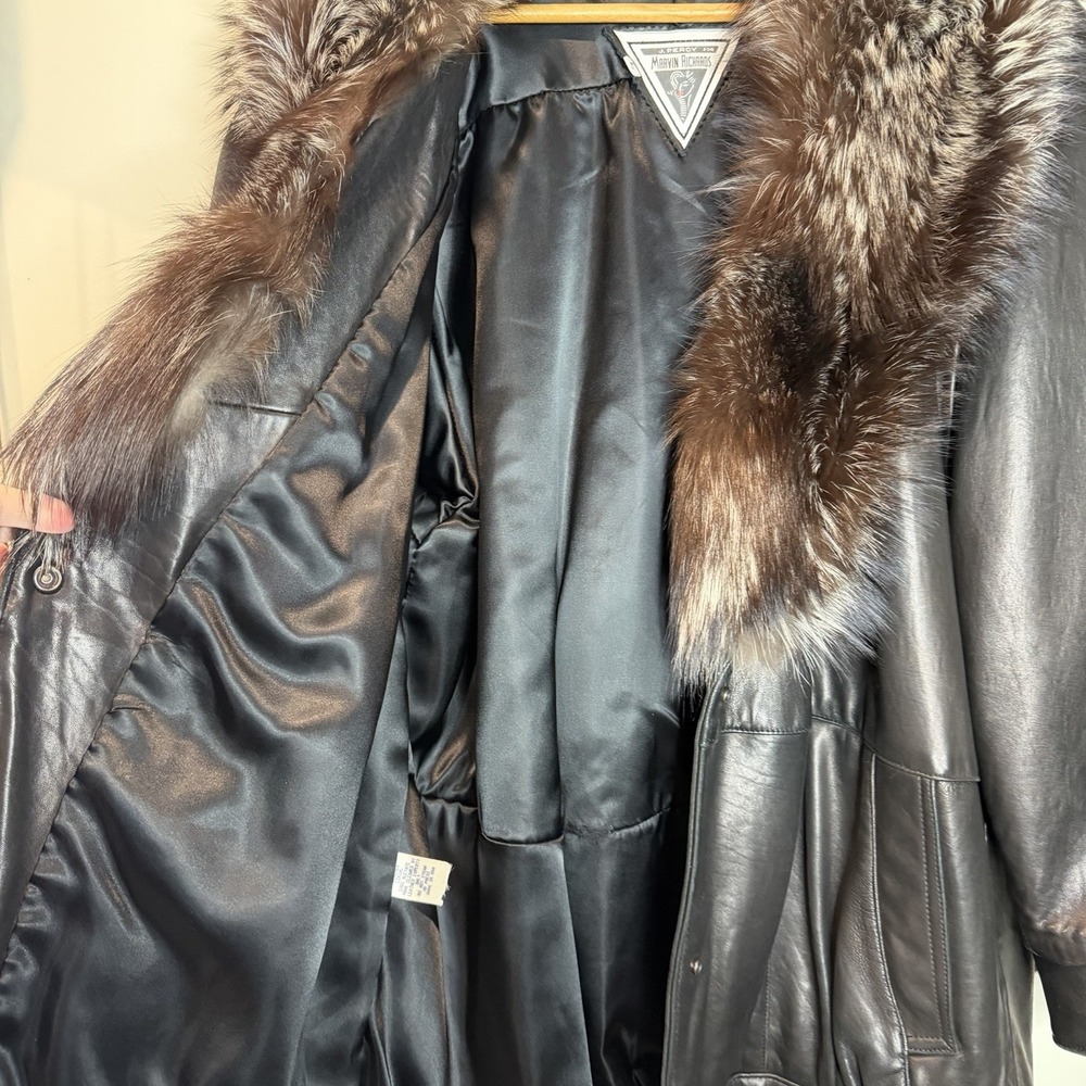 Vtg J Percy Marvin Richards Black Leather Silver Fox Fur Collar Coat ~ Women's L - Picture 12 of 16